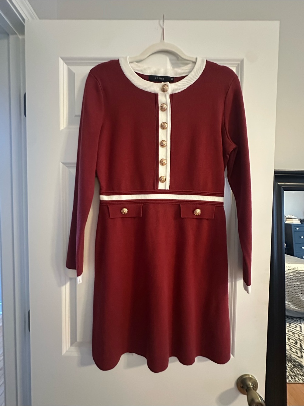 Elegant Burgundy Long-Sleeve Knit Dress with White Trim